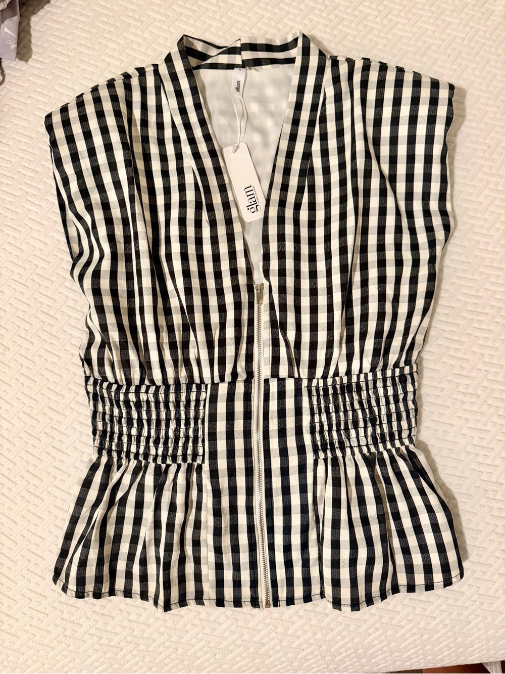 glam Black & White Gingham Zip-Front Peplum Top